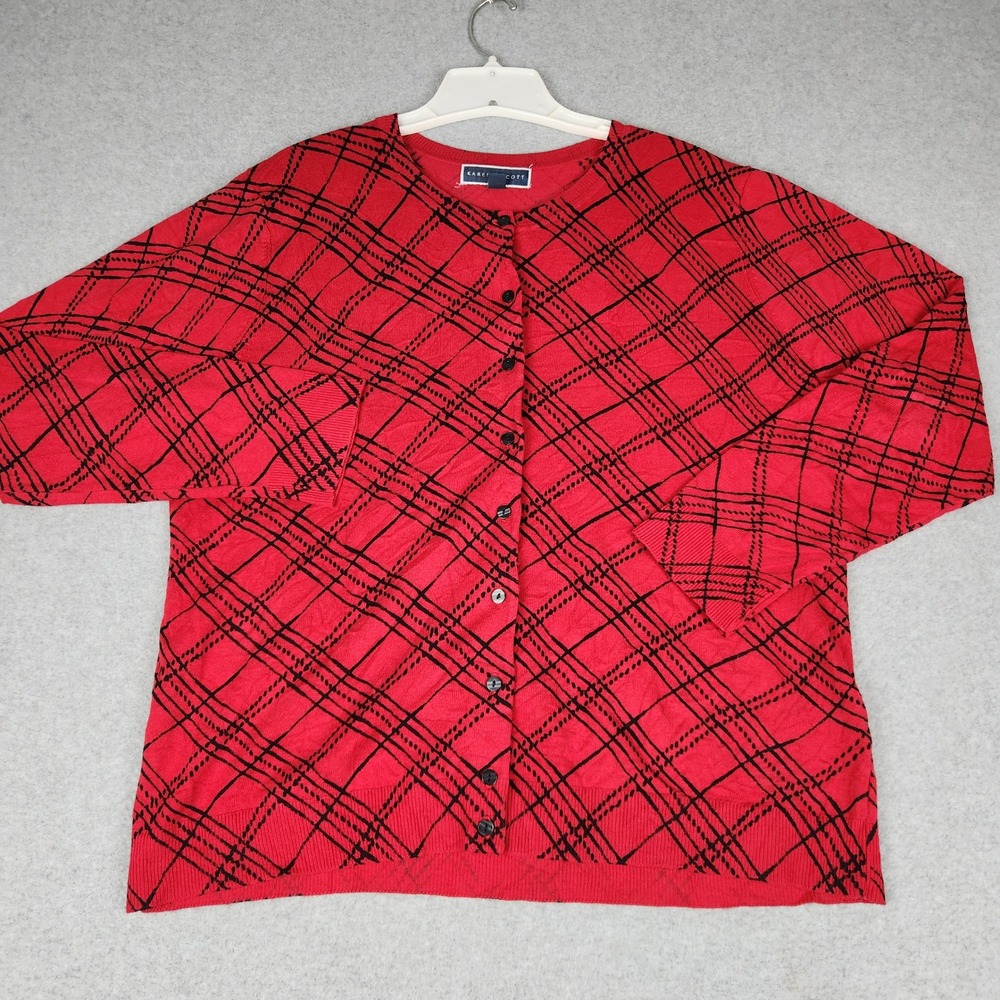 Karen Scott Cardigan Sweater Womens XL Red Knitted Plaid Crew Neck Button Front